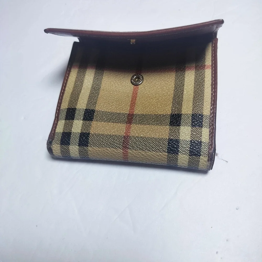 Burberry Haymarket‎ Check Bifold Wallet Brown Leather Trim Made in Italy